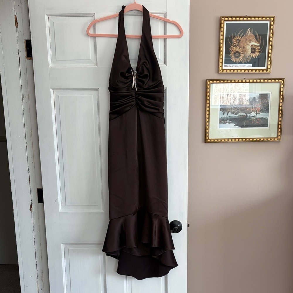 Vintage JS Collections Elegant Dark Brown Halter MIDI Dress